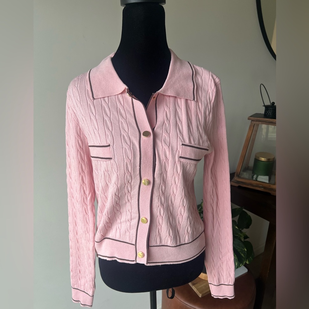 Lizette Collection Pink Cable Knit Collared Cardigan Sweater - Women's